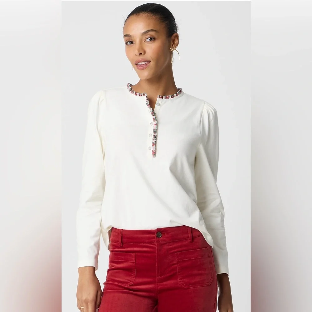 J.Crew Long-sleeve tartan and jewels henley in ivory - Picture 1 of 7